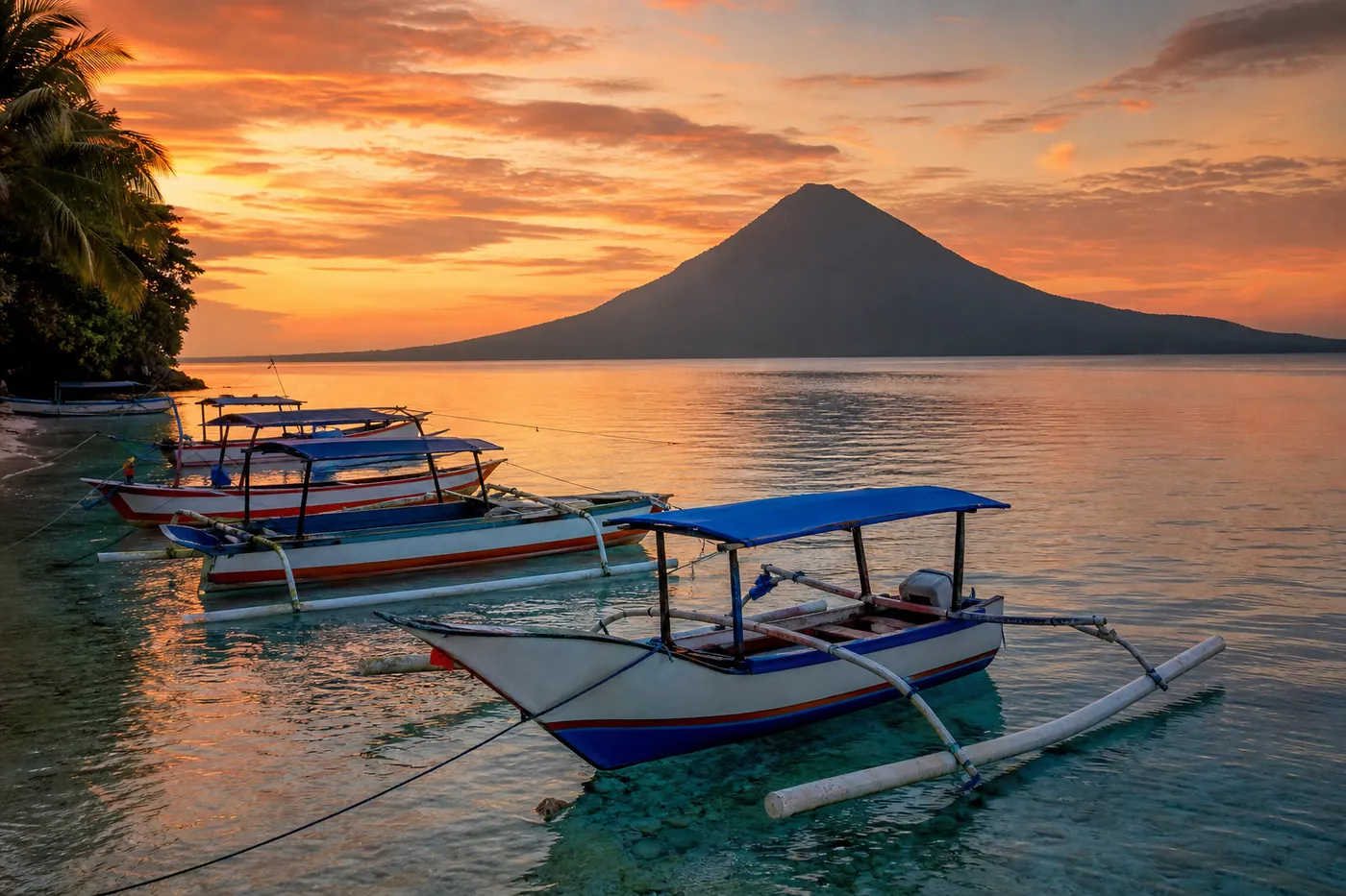 Traditional boats moored off Bunaken island at golden hour with the volcanic cone of Manado Tua rising in the background