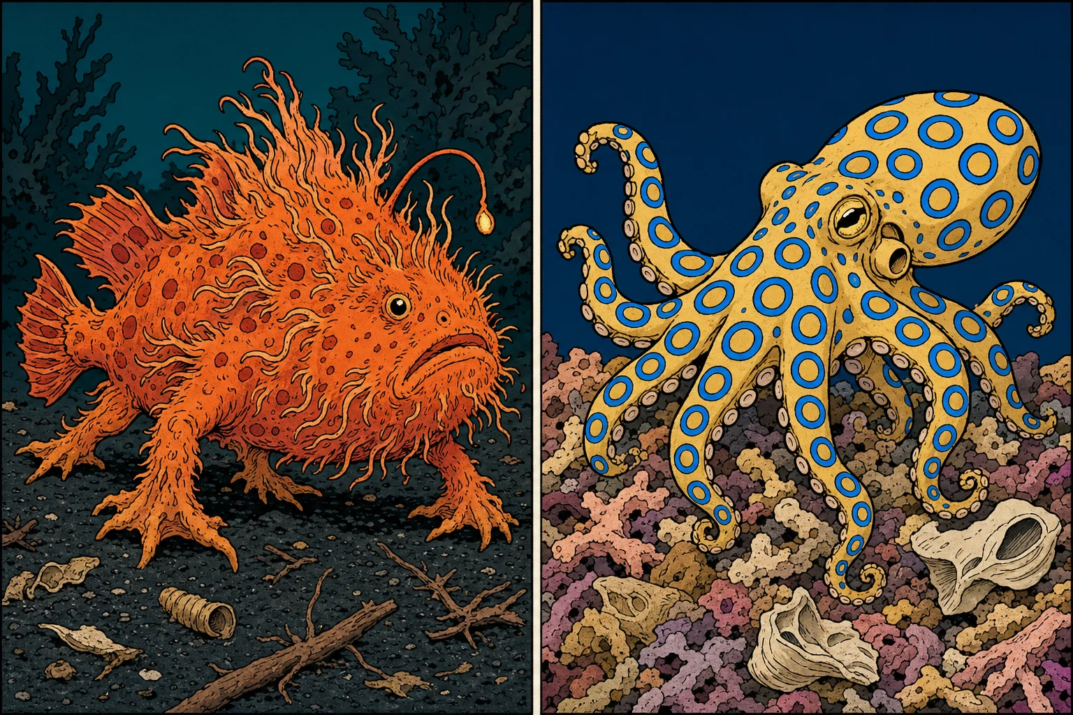 Illustrazione fianco a fianco di due creature iconiche del muck diving a Lembeh: a sinistra un pesce rana peloso arancione brillante che cammina sulle sue pinne pettorali modificate sulla sabbia vulcanica nera, a destra un polpo dagli anelli blu giallo-marrone con anelli blu iridescenti vividi su un letto di detriti corallini