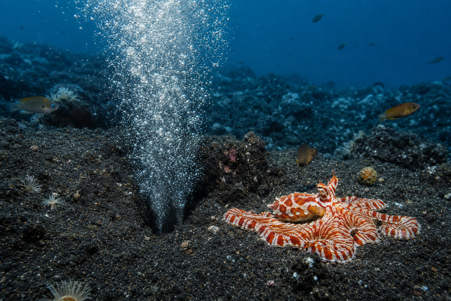 An active volcanic fumarole at Hot Rocks dive site off Sangeang Volcano, Sumbawa, Indonesia. A continuous stream of silvery gas bubbles rises through the water column from a vent in the dark volcanic substrate, with a mimic octopus posing in its characteristic flatfish mimicry on the black sand and rubble seabed beside the vent. The dark volcanic substrate contrasts with the silver bubbles and the orange-and-white octopus.
