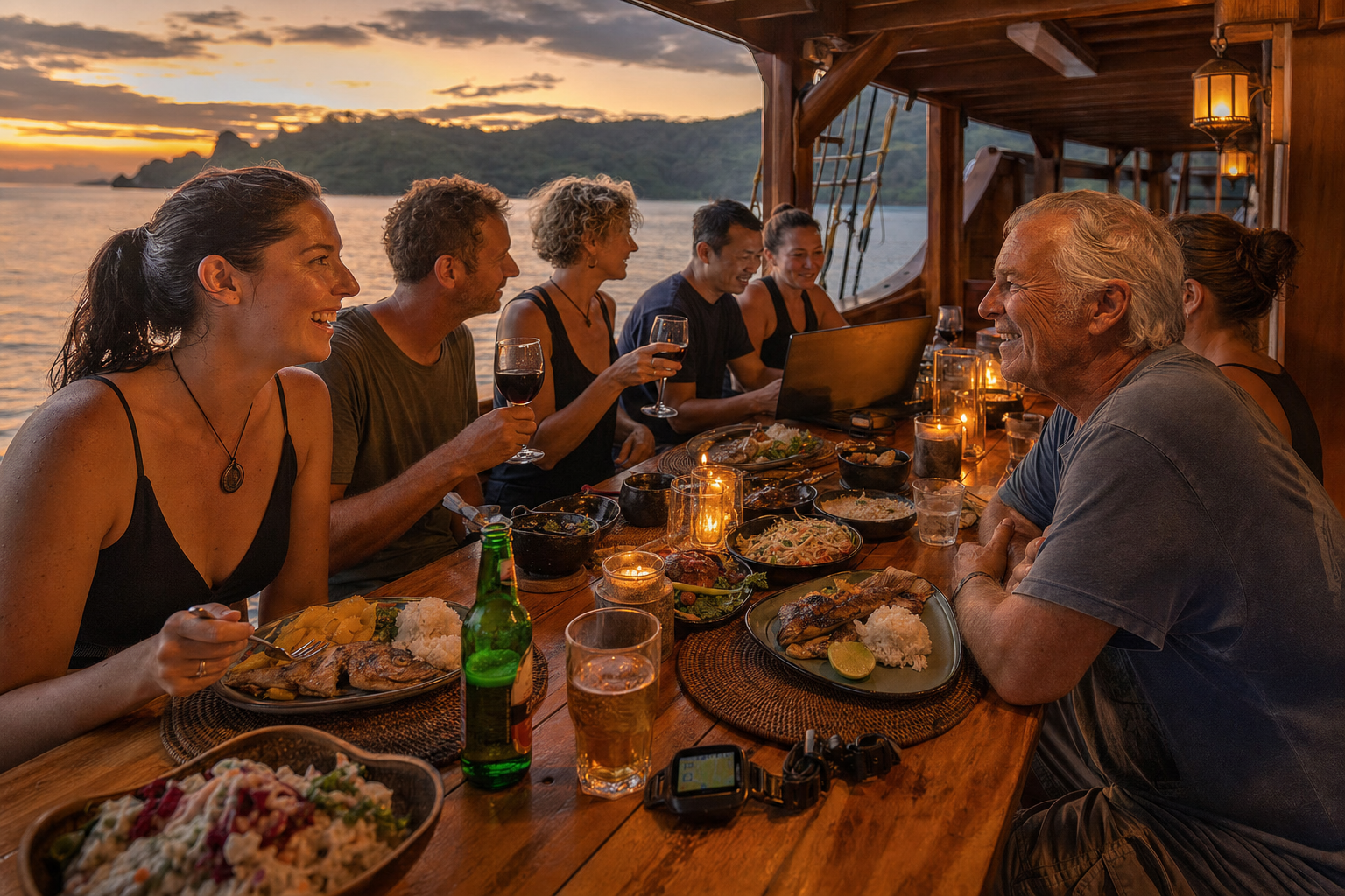 Eight scuba divers around a long shared dinner table on the open-air aft deck of a wooden Indonesian phinisi liveaboard at golden hour, plates of grilled fish and rice and tropical salads in the foreground, a dive computer and a half-empty cold beer next to one place setting, a young woman with her hair pulled back into a wet ponytail laughing across the table at a man in his sixties, soft lantern light, a glimpse of green Komodo Island hills in the distance, a feeling of small-group dinner conversation rather than restaurant formality