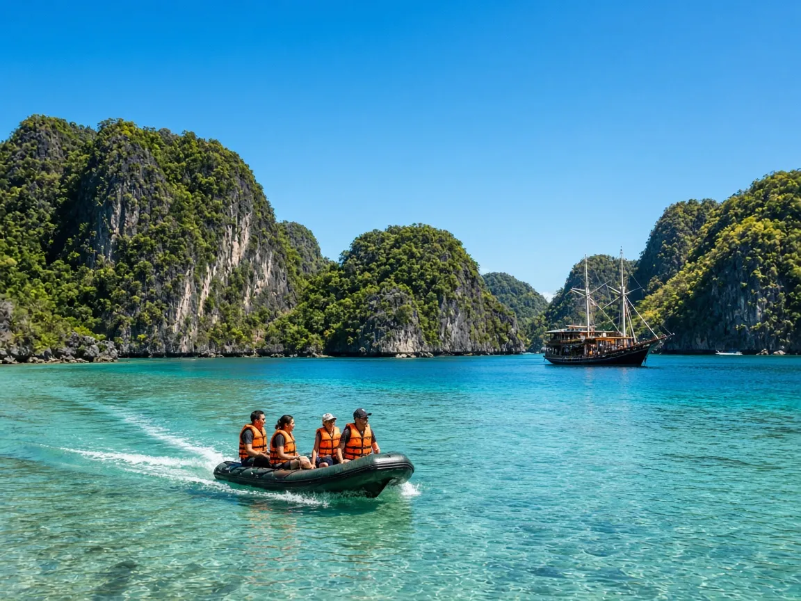 Liveaboard tender boat crossing a turquoise lagoon between the karst islands of Raja Ampat