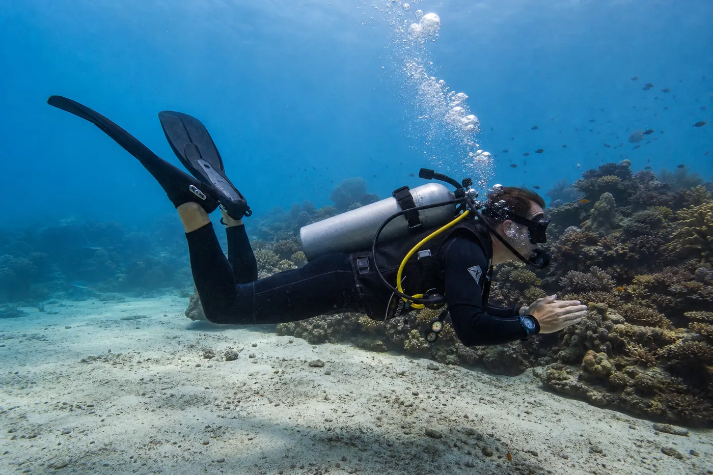 Scuba diver in perfect horizontal trim hovering motionless above an Indonesian coral reef with hands clasped and fins still