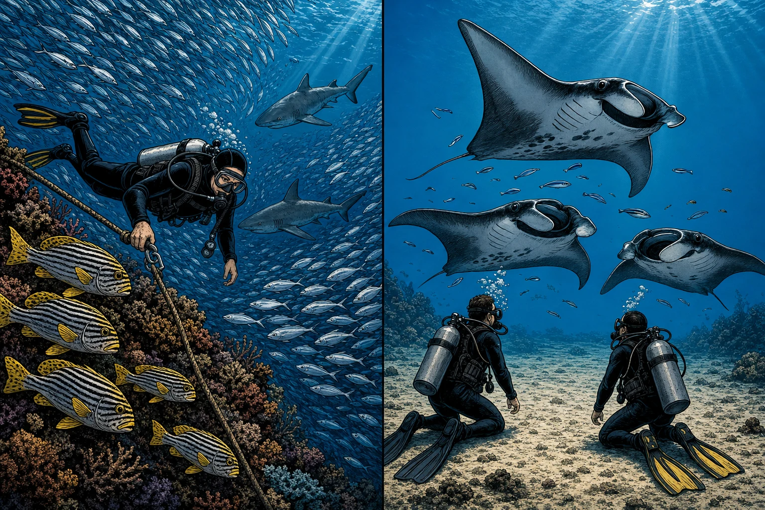 Side-by-side illustration of two iconic Raja Ampat Dampier Strait dive sites: on the left, a scuba diver hooked to a coral reef corner at Cape Kri in strong current, surrounded by dense schools of striped sweetlips and patrolling grey reef sharks; on the right, three reef manta rays circling above the sandy plateau cleaning station at Manta Sandy while two divers kneel and watch from below