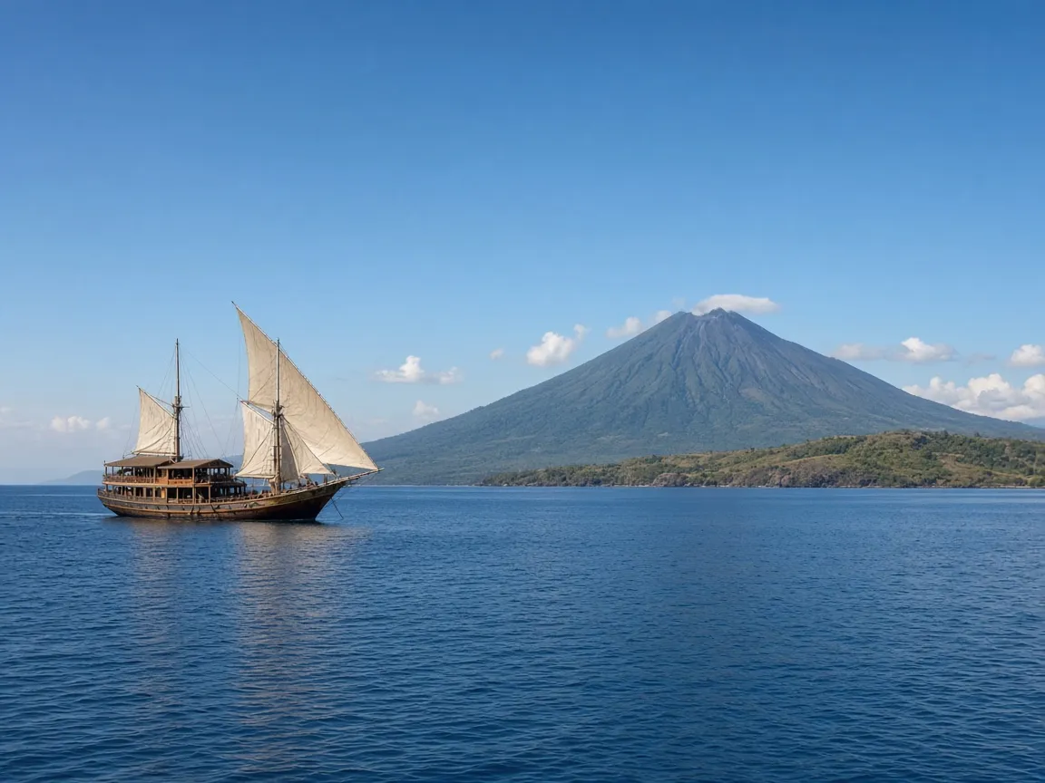 A traditional phinisi liveaboard under sail off the north coast of Sumbawa, with the cone of Sangeang volcano on the horizon