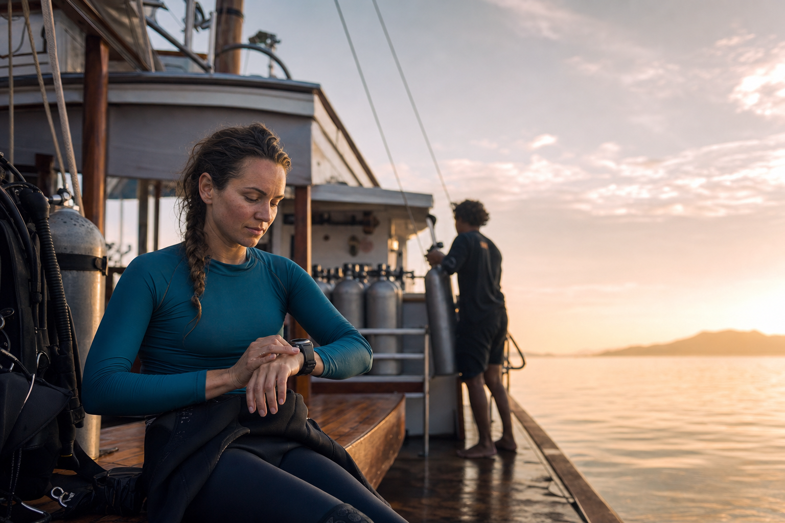 Solo female scuba diver in her early thirties on the dive deck of an Indonesian liveaboard at first light, partially geared up with a wetsuit pulled to her waist and a long-sleeve rashguard, her hair tied back in a loose braid, sitting on a teak bench checking her dive computer with a focused expression, the silhouette of a male dive guide in the background unloading a tank from the rack, the calm sea reflecting pale gold off the eastern horizon, the boat's wooden mast and rigging just visible above, the scene reading as quietly competent and unhurried rather than touristic