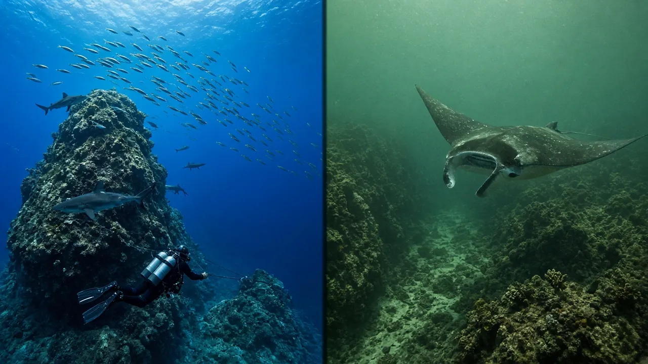 Split view of Komodo diving: a clear blue northern pinnacle with grey reef sharks and a green plankton-rich southern channel with a reef manta
