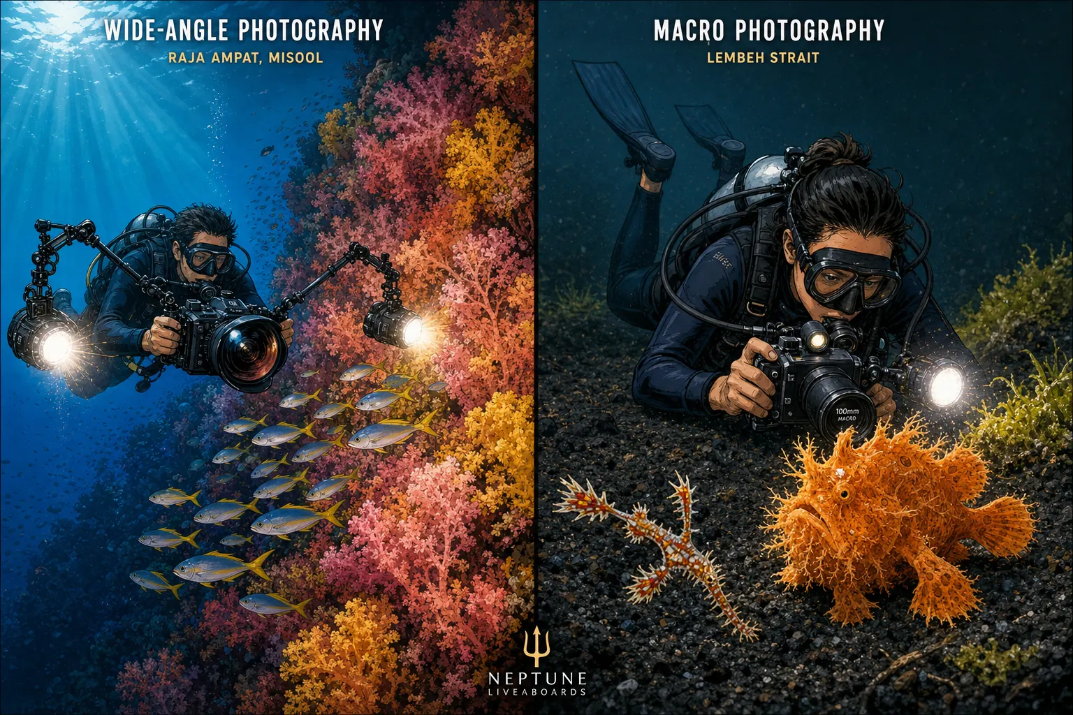 Side-by-side illustration of the two photographic genres in Indonesia: on the left, a wide-angle scuba photographer at a Misool Raja Ampat soft-coral wall, hovering in horizontal trim at safe distance from the reef, holding a DSLR in housing with an 8-inch dome port and twin underwater strobes on long float arms angled wide and forward, photographing fuchsia and orange soft corals while a school of fusiliers passes; on the right, a macro scuba photographer hovering close to but well clear of the volcanic black sand of the Lembeh Strait, holding a DSLR in housing with a flat port and 100mm macro lens plus a single tight strobe and focus light, photographing a bright orange hairy frogfish and ornate ghost pipefish on the substrate