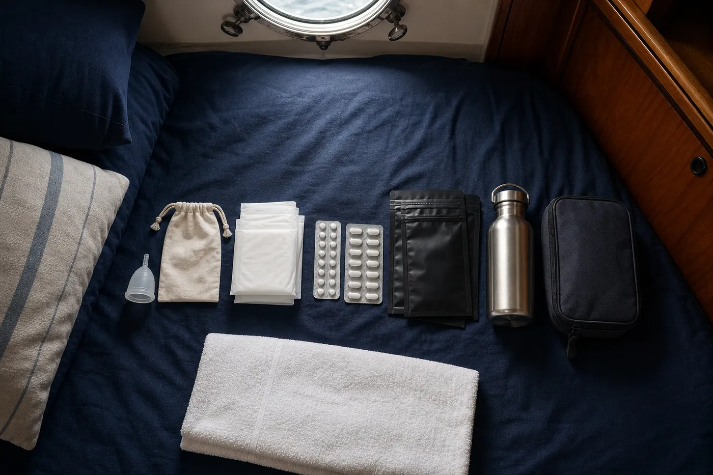 A week of personal supplies laid out on a liveaboard bunk, including a menstrual cup, sealed bags and medication