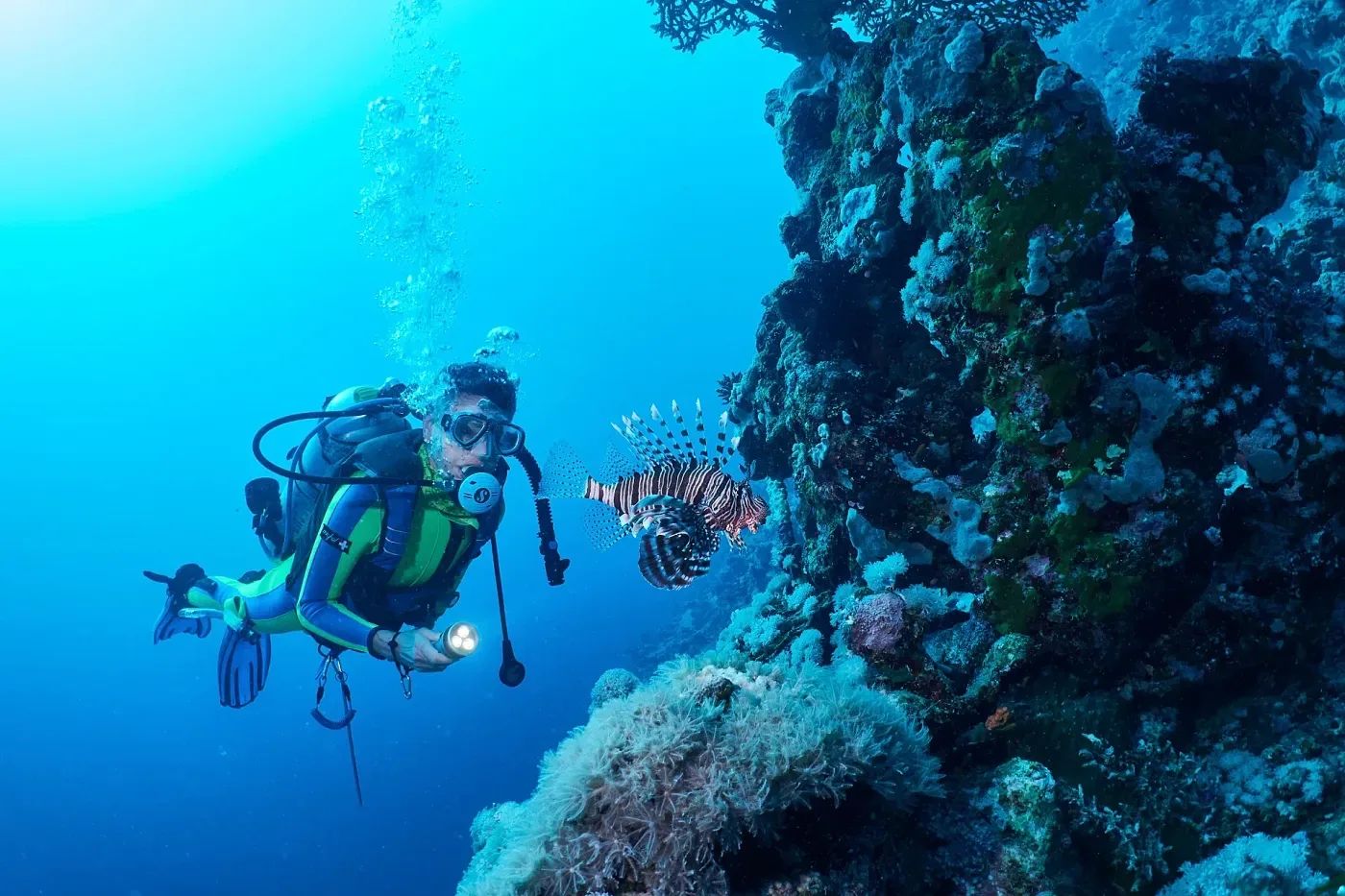 Scuba diver in control alongside a coral wall in Indonesia, illustrating the exercise capacity expected of a recreational diver