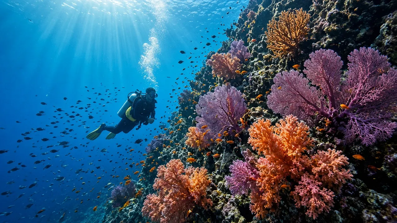 Scuba diver beside a limestone wall covered in pink, orange and purple soft corals and sea fans in Misool, southern Raja Ampat