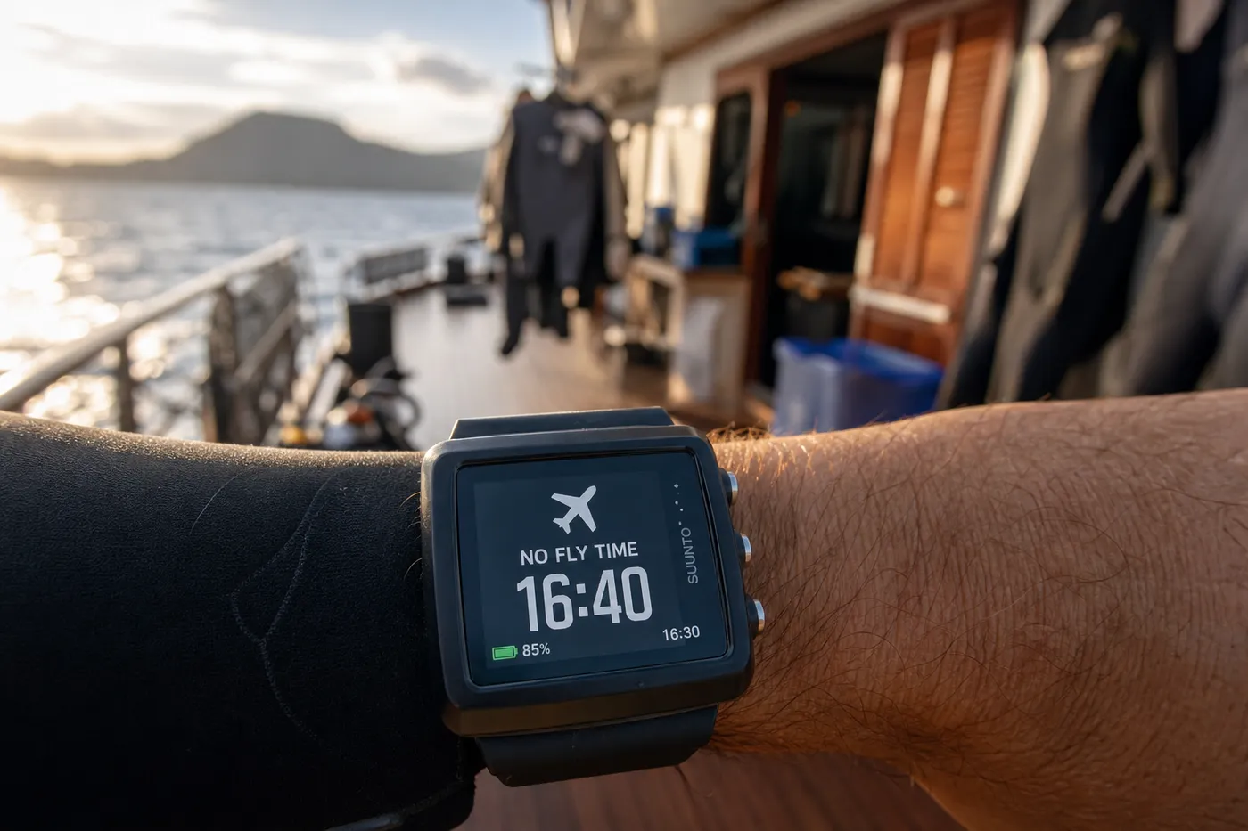 Dive computer on a diver's wrist showing a no-fly countdown timer, with a liveaboard dive deck and drying wetsuits in the background in late afternoon light