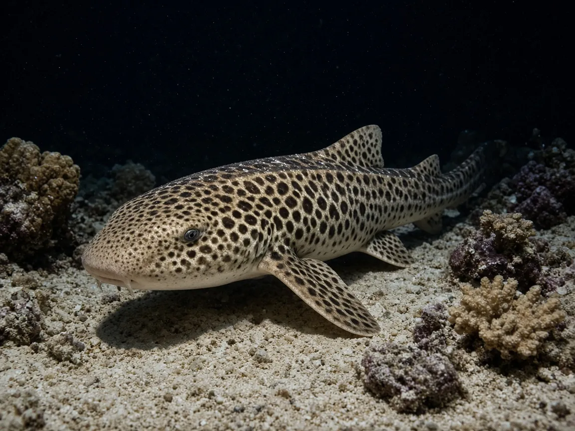 A spotted Halmahera walking shark crawling across a shallow reef at night in a diver's torch beam