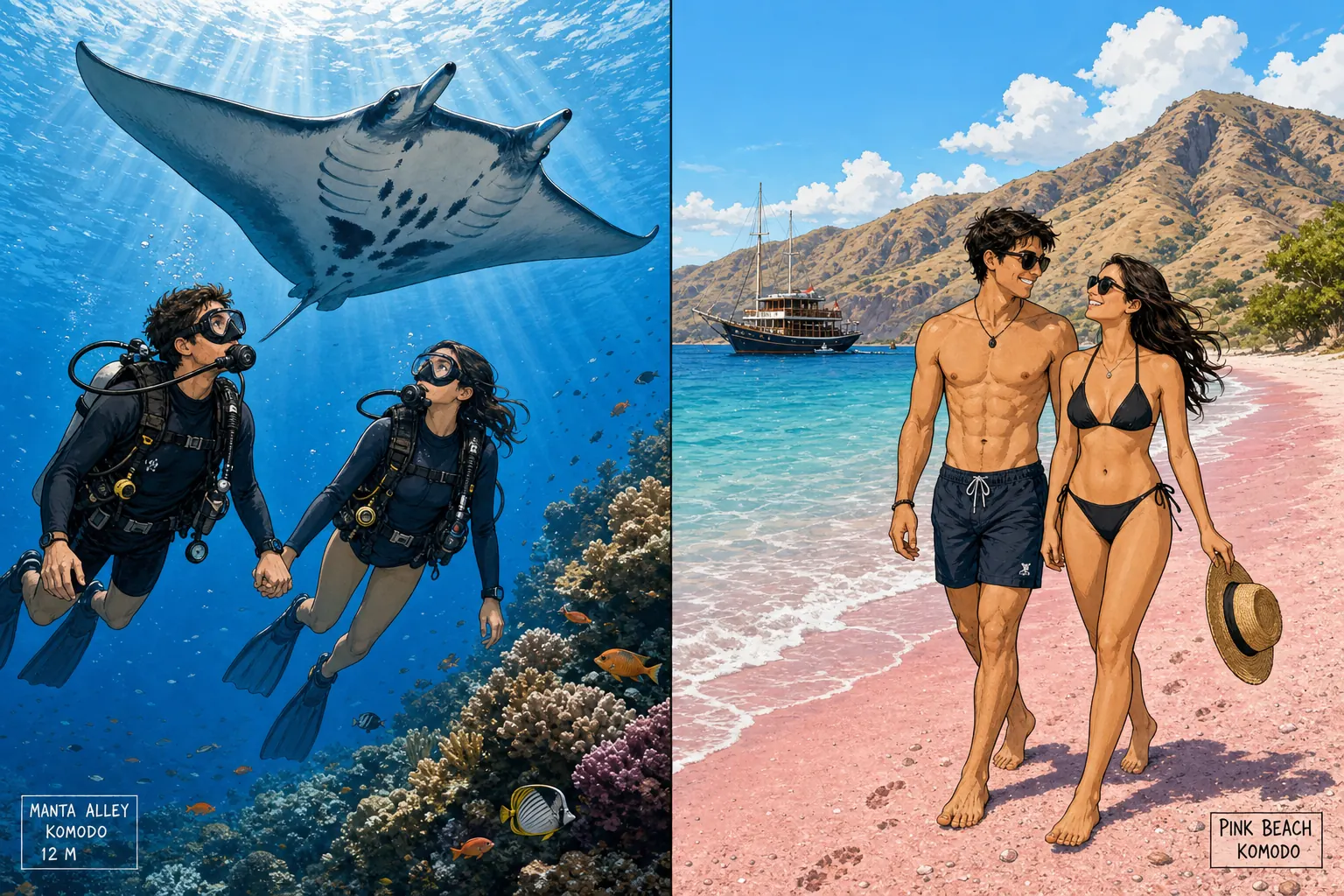 Side-by-side illustration of two flagship honeymoon experiences in Komodo National Park, Indonesia: on the left, a couple of scuba divers hovering side by side in horizontal trim in clear blue tropical water at twelve metres depth at Manta Alley, holding hands lightly while looking up together at a single large reef manta ray gliding overhead with its wings spread, healthy hard-coral reef at safe distance; on the right, the same couple walking barefoot together along the iconic pink-tinted coral-sand of Pink Beach Komodo with a single phinisi liveaboard anchored offshore in a calm bay framed by the dry savanna hills behind