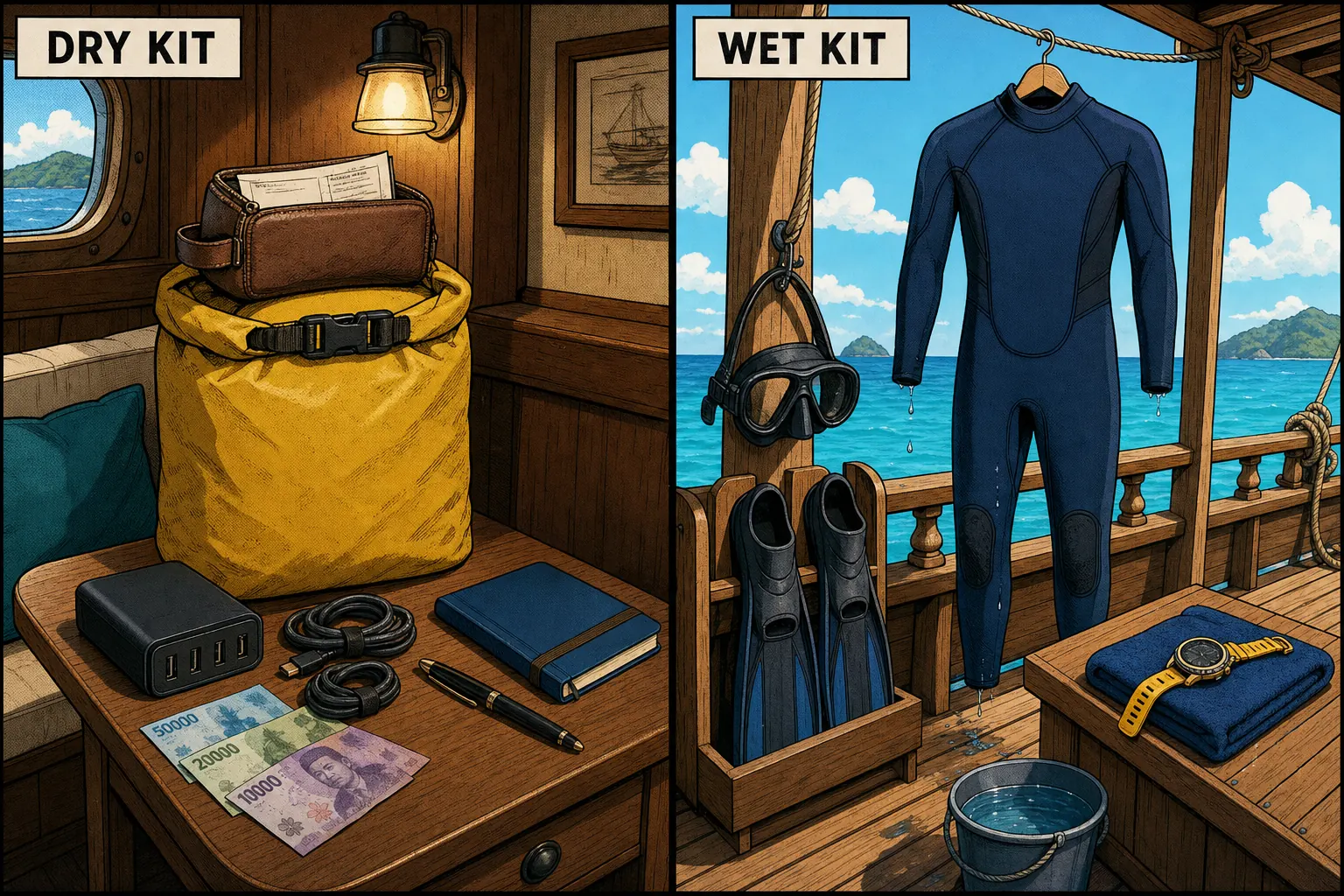 Side-by-side graphic-novel illustration of the two halves of a liveaboard pack: on the left, a closed mustard-yellow dry bag inside a phinisi cabin holding a leather travel pouch with documents on top, a multi-port USB charging brick with cables, a small notebook with pen, and a stack of Indonesian rupiah notes on the wooden side table, lit by a warm cabin lamp; on the right, the open dive deck of the same boat with an indigo wetsuit hanging on a wooden hanger and dripping fresh water, a black snorkel mask hanging by its strap, swim fins slotted into a wooden rack, a yellow dive watch resting on a folded towel, and a fresh-water rinse bucket on the teak floor under a bright tropical midday sky