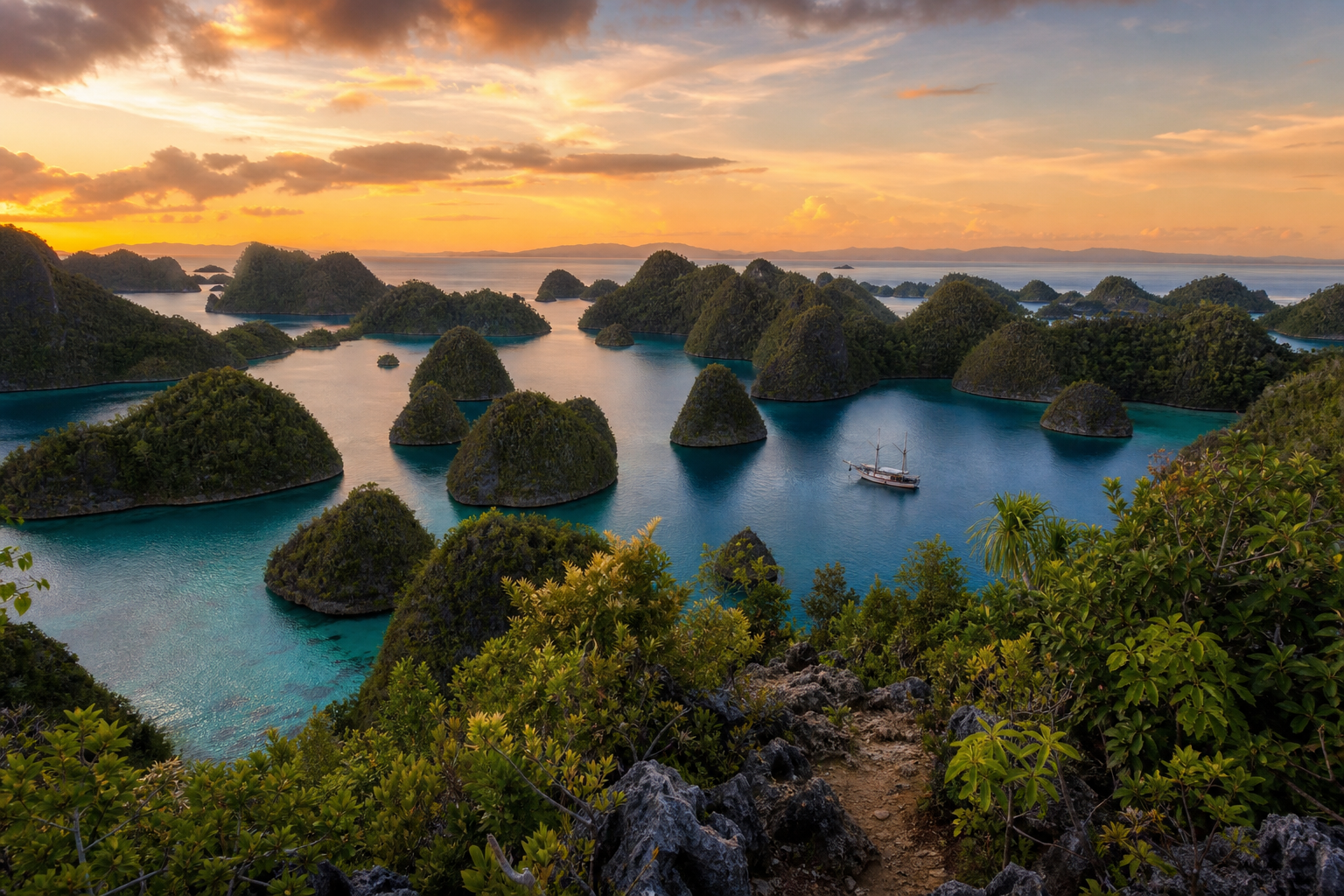 Sunrise view from the Wayag karst islands viewpoint in northern Raja Ampat, looking down across dozens of dome-shaped jungle-covered limestone islets in calm turquoise water, with a wooden phinisi liveaboard yacht visible at anchor below