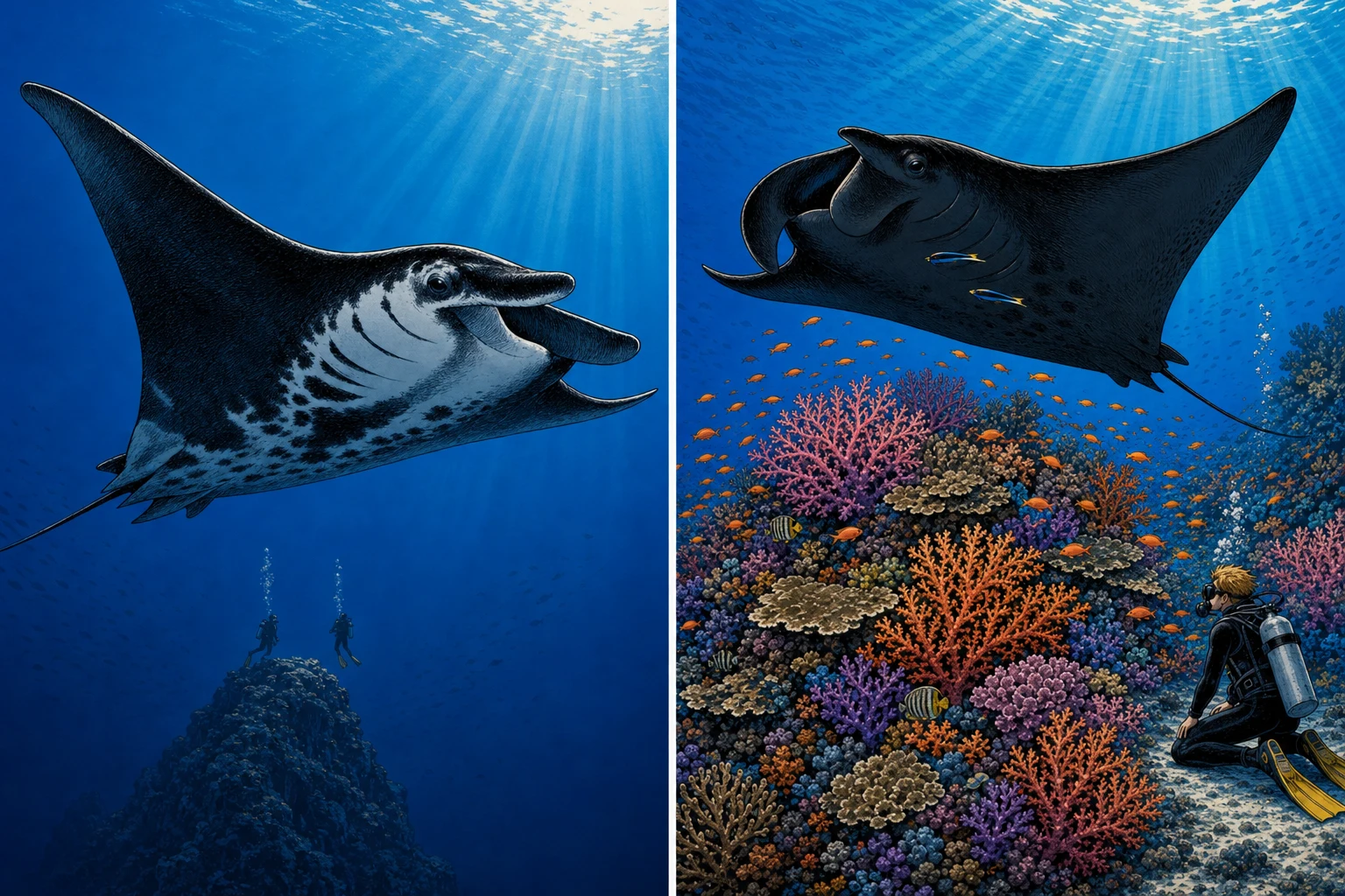 Side-by-side illustration of two manta forms: on the left, a gigantic oceanic manta ray (Mobula birostris) with approximately six-metre wingspan and dark dorsal surface cruises above a deep blue seamount at Magic Mountain in Misool with two tiny divers visible far below for scale; on the right, a fully melanistic black reef manta hovers above a vibrant tropical coral bommie covered in pink, purple and orange soft corals with cleaner wrasse picking at its gills and a small diver kneeling at respectful distance in the lower right