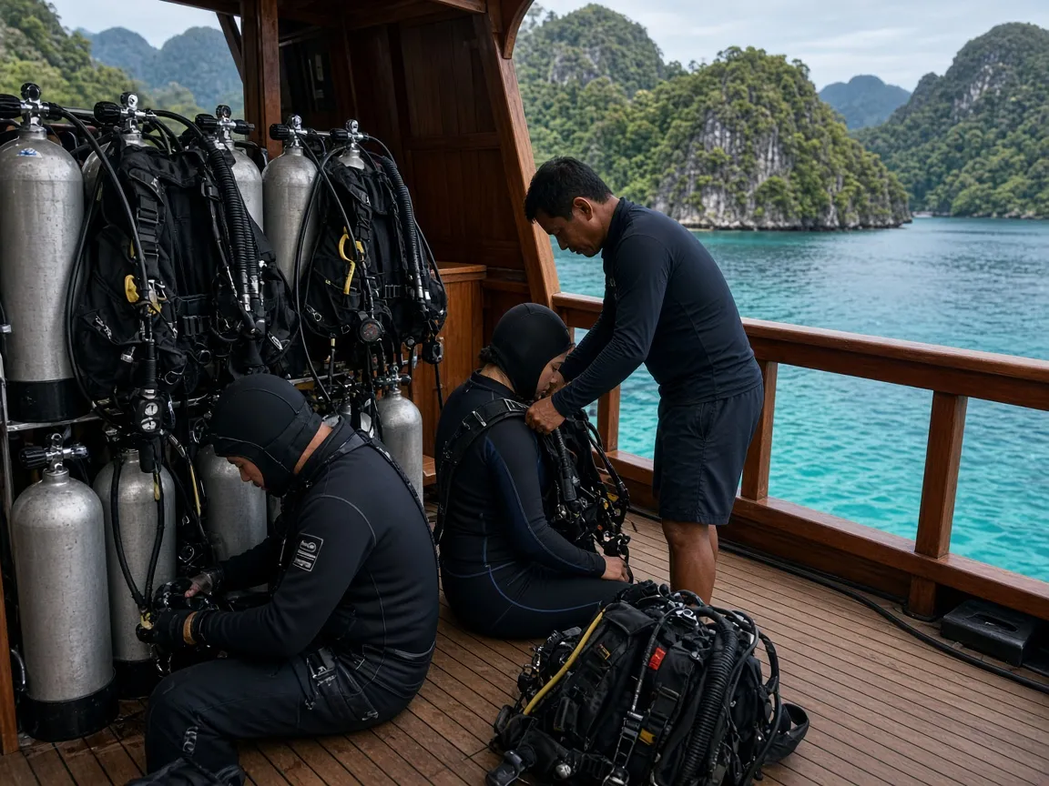 Divers kitting up on the dive deck of a liveaboard among the karst islands of Raja Ampat