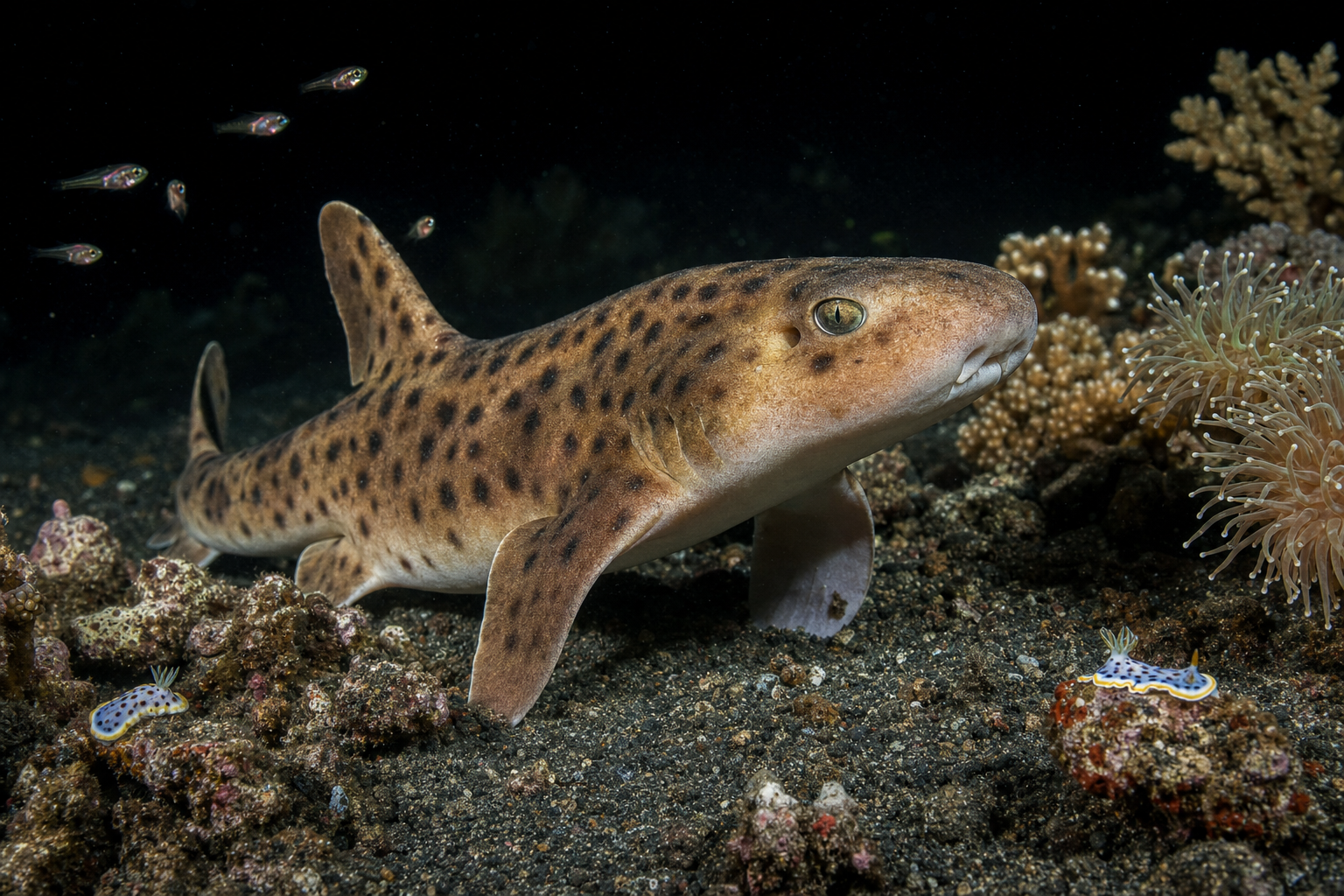 A Halmahera walking shark (Hemiscyllium halmahera), the endemic epaulette shark species described from these waters in 2013, walking on its pectoral fins along a black volcanic-sand and rubble seabed in Patani Bay, Halmahera, Indonesia, on a night dive. Its mottled brown body and characteristic dark spots are clearly visible against the dark substrate, with two small nudibranchs and small reef fish in the foreground.