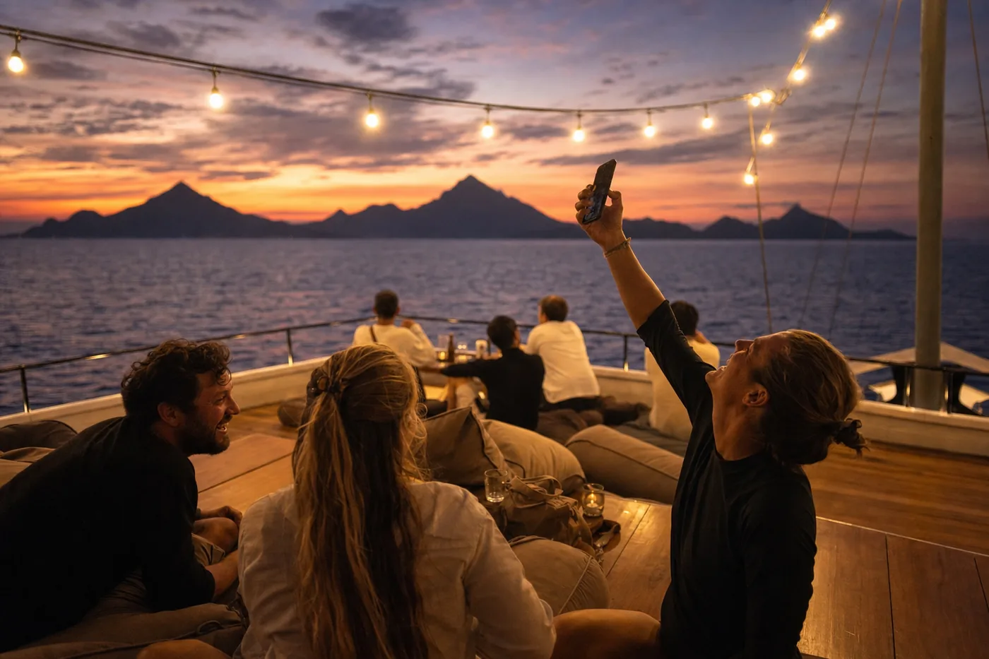 Guests on a liveaboard top deck at sunset, one holding a phone up to search for mobile signal while others relax under string lights