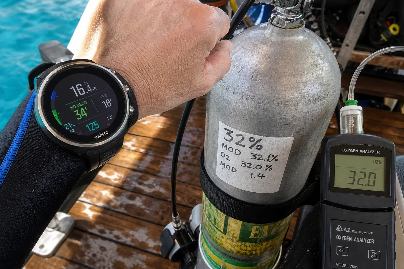 Close-up on a scuba liveaboard dive deck of a diver's wrist dive computer showing depth and no-decompression time next to an aluminium tank marked 32% enriched air nitrox with an oxygen analyser, illustrating the nitrox analysis check before a dive in Indonesia.