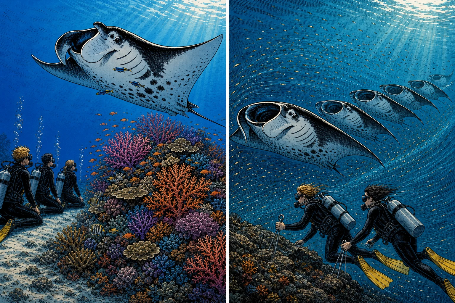 Side-by-side illustration of two manta encounter types: on the left, a calm cleaning station in Raja Ampat where a single reef manta hovers above a coral bommie covered in pink and orange soft corals while four divers kneel low on the sandy bottom three metres back, watching motionless; on the right, a current-fed feeding train in Komodo where six reef mantas glide in single file with mouths wide open and cephalic fins unrolled into funnels, while two divers in the foreground hold reef hooks against the strong current with their hair and fins streaming back