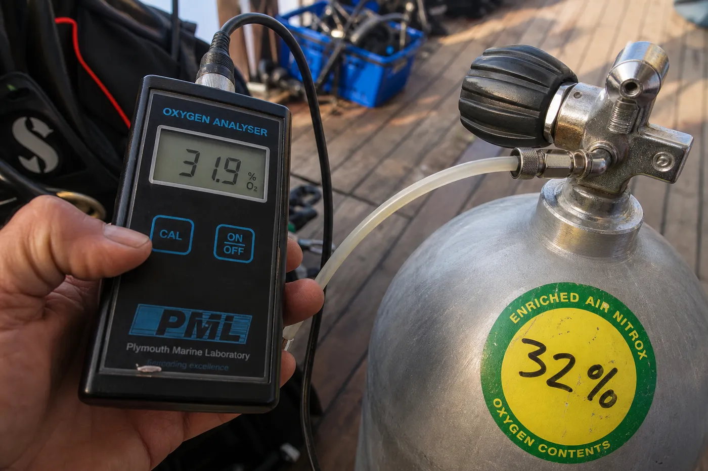 Handheld oxygen analyser reading 31.9 percent against a nitrox cylinder valve on a liveaboard dive deck