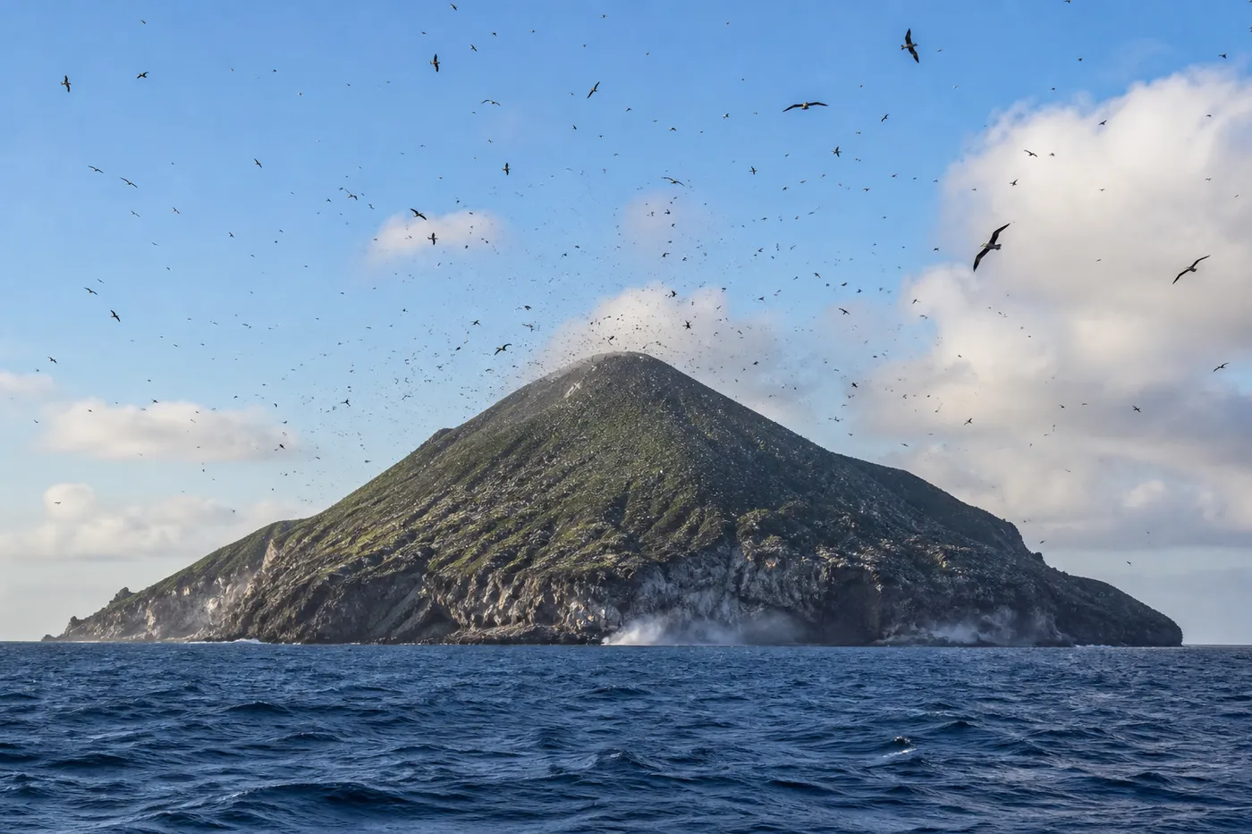 The uninhabited volcanic cone of Manuk Island rising from the open Banda Sea, surrounded by thousands of frigatebirds and boobies, seen from a liveaboard