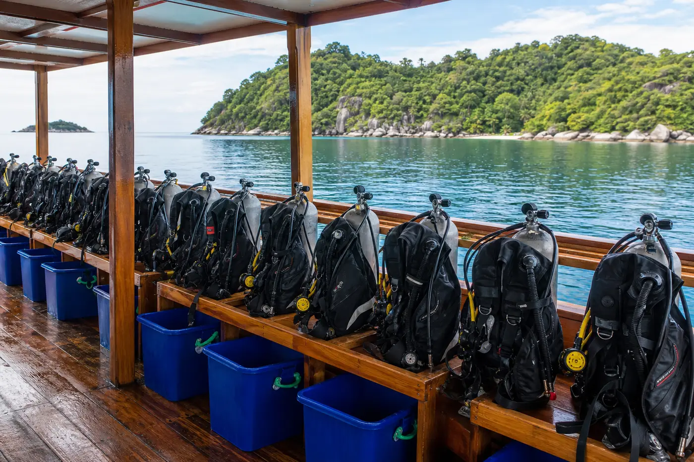 A liveaboard dive deck with rows of rental BCDs and regulators set up on cylinders in individual gear stations, rinse tanks alongside, and the sea visible beyond the rail