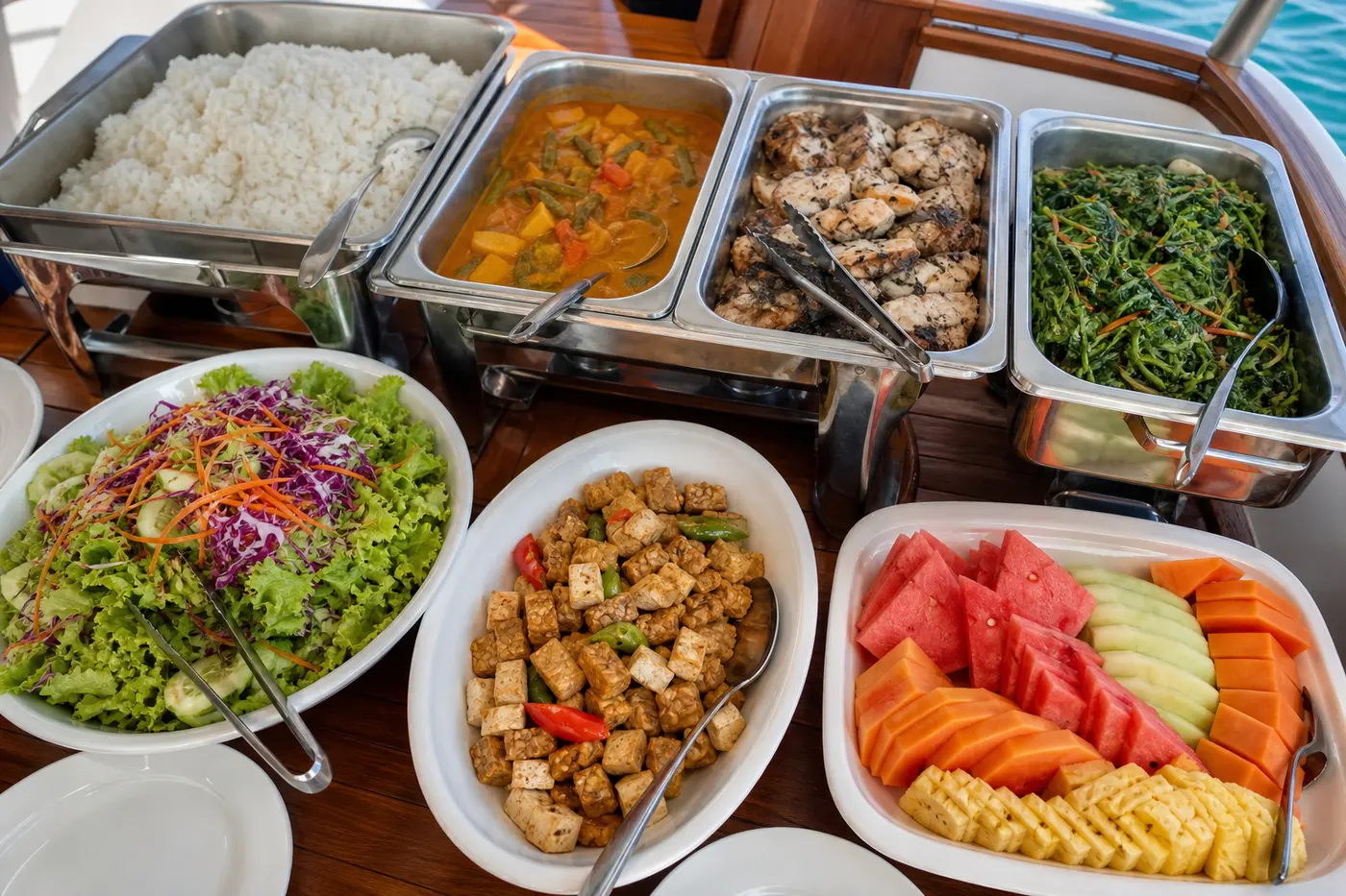 Liveaboard buffet spread with rice, curry, grilled fish, greens, tofu, salad and tropical fruit in chafing dishes