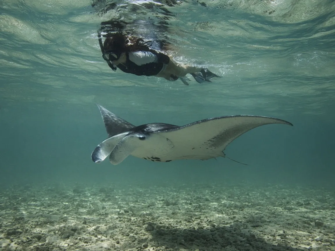Snorkeller floating at the surface above a reef manta ray at Manta Point in Komodo National Park