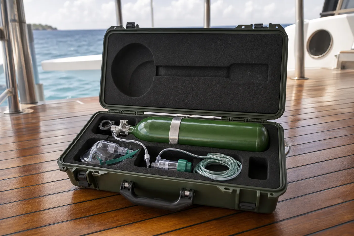 An oxygen kit with a demand valve and mask stowed in a labelled case on the deck of a dive boat, ready for emergency use