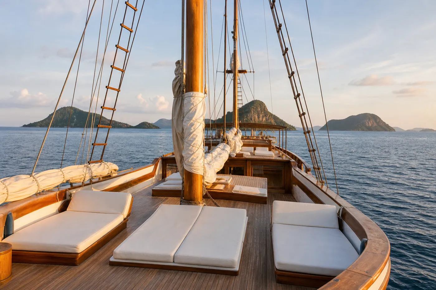 Teak foredeck of a traditional phinisi liveaboard with white cushioned loungers and twin wooden masts, sailing through calm Indonesian islands in late afternoon light