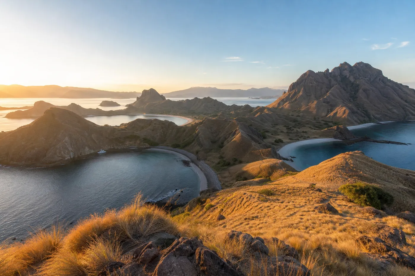 Golden dry-season hills of Padar Island at sunrise with the three famous bays visible and a liveaboard anchored below