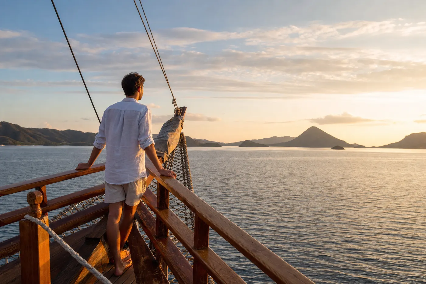 Guest standing at the bow rail of a wooden phinisi liveaboard watching the horizon at golden hour in calm Indonesian waters, islands of Komodo National Park in the distance
