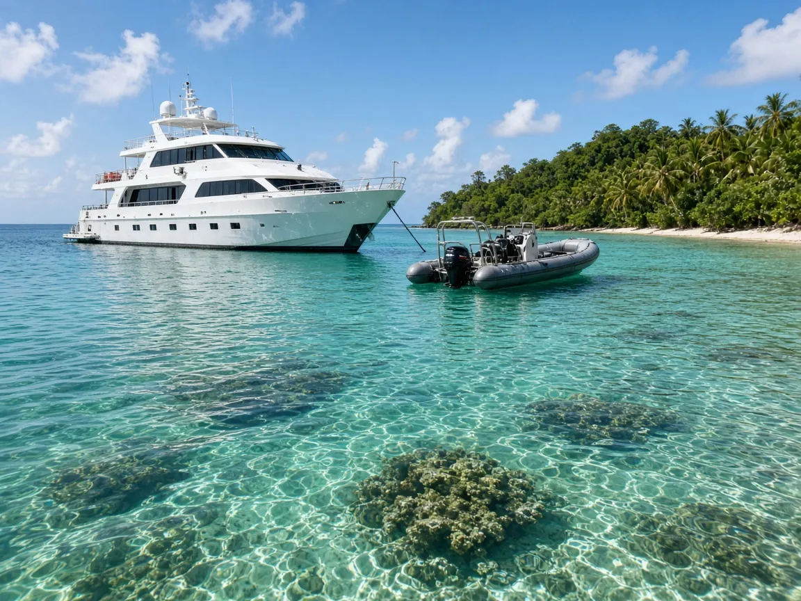 A modern liveaboard dive yacht anchored over a turquoise fringing reef off Tomia island in Wakatobi, with a dive tender alongside