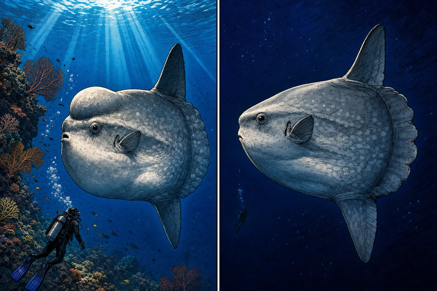 Side-by-side illustration of the two sunfish species seen in Indonesian waters: on the left, a Mola alexandrini (the bumphead sunfish) in profile in mid-water at twenty-five metres at Crystal Bay Nusa Penida, with its distinctive prominent rounded forehead bulge above the eyes, broader and more rounded body shape, soft pale silver-grey skin, a tropical reef wall with sea fans and gorgonians on one side, shafts of sunlight from the surface; on the right, the true Mola mola (common ocean sunfish) in profile, with a smoother forehead and no bumphead bulge, slightly more elongated body, in an open offshore deep-blue setting suggesting the rare Banda Sea encounter, a tiny scuba diver visible in the distance for scale