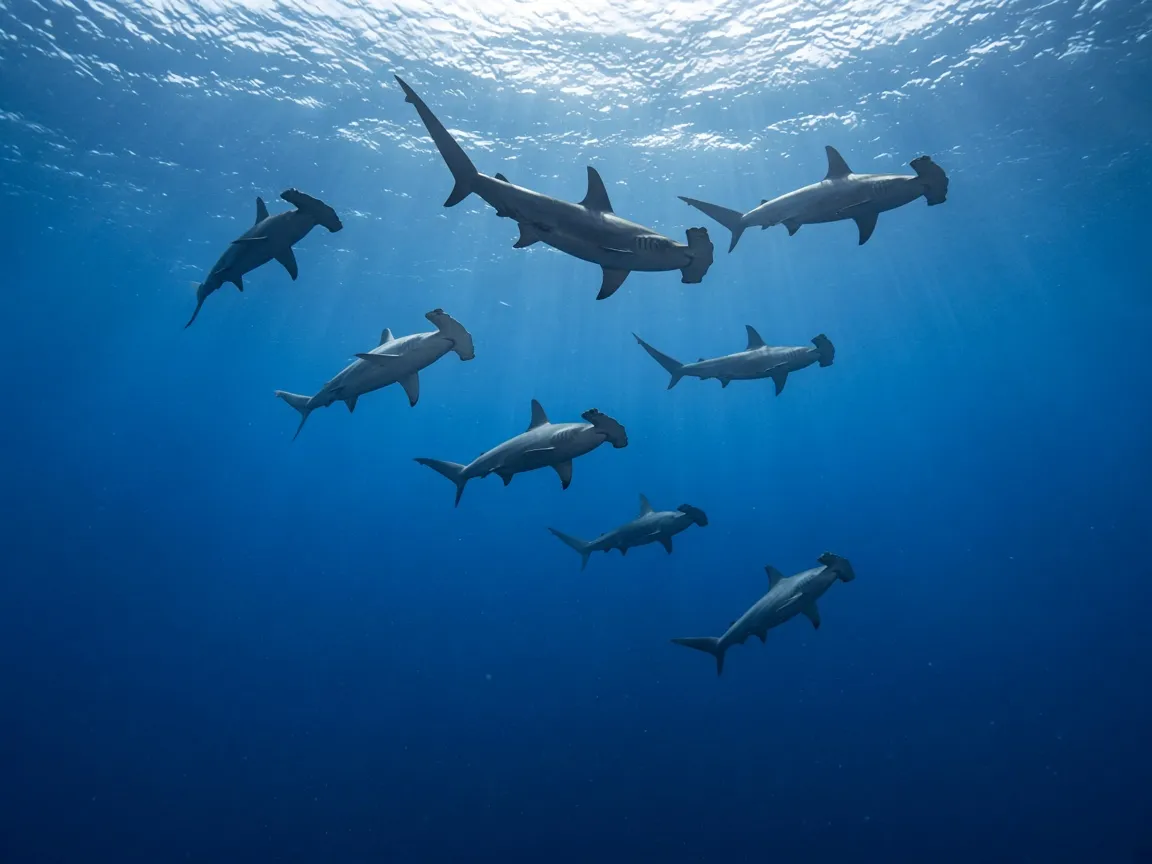 Schooling scalloped hammerhead sharks in blue water off a Banda Sea seamount