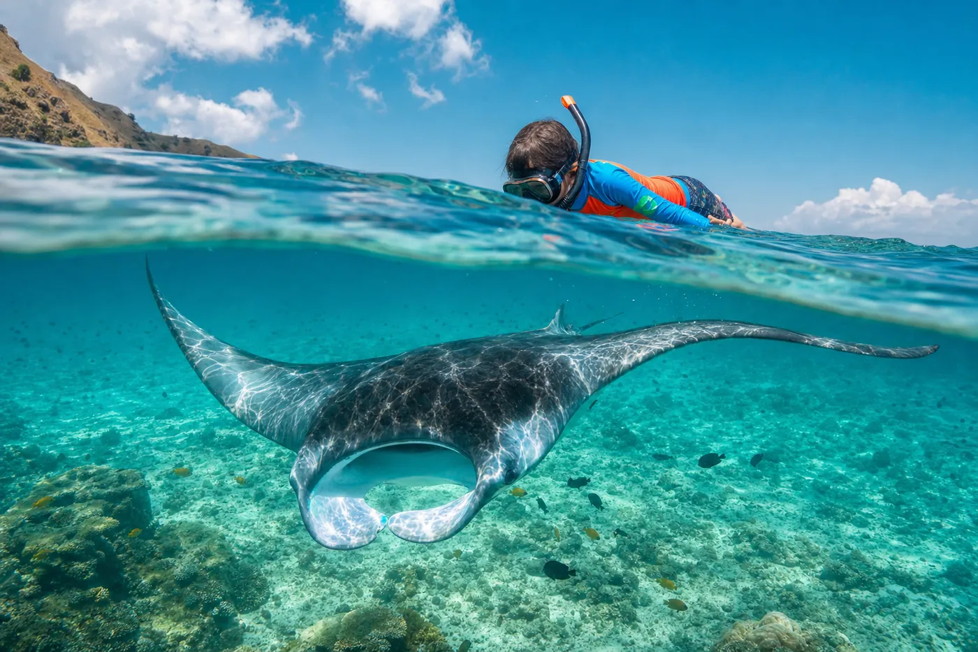 Child in a bright rash guard snorkelling at the surface above a large reef manta ray in clear turquoise water in Komodo National Park
