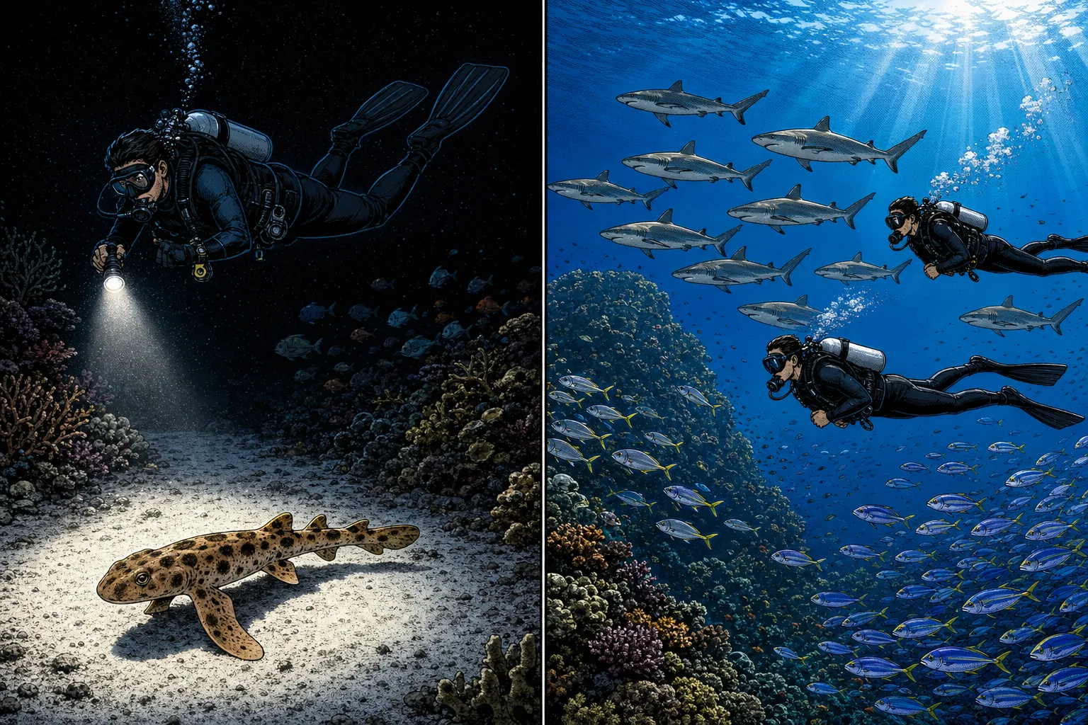 Side-by-side illustration of two contrasting Indonesian shark dive experiences: on the left, a Raja Ampat night dive with an epaulette walking shark (a small slim brown shark with darker brown spots) walking on its pectoral fins across a small patch of clean white sand, illuminated by a torch beam from a single scuba diver hovering above in horizontal trim at safe distance from the substrate; on the right, a daytime Komodo Castle Rock encounter with a school of grey reef sharks lined up in current at twenty-five metres depth while two scuba divers drift past in horizontal trim alongside the sharks in open water, with a healthy submerged seamount visible in the background but the divers maintaining clear separation from any reef or rock