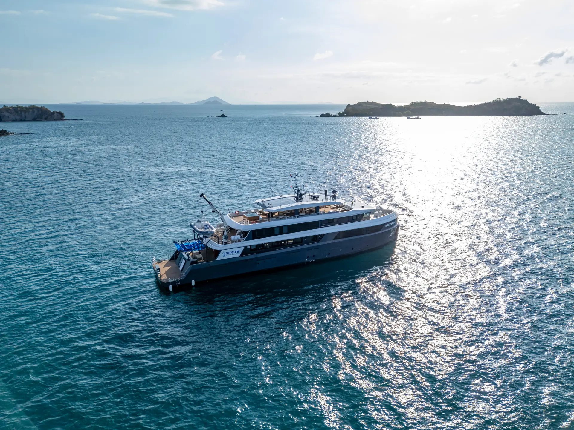 Aerial drone view of King Neptune liveaboard at sea
