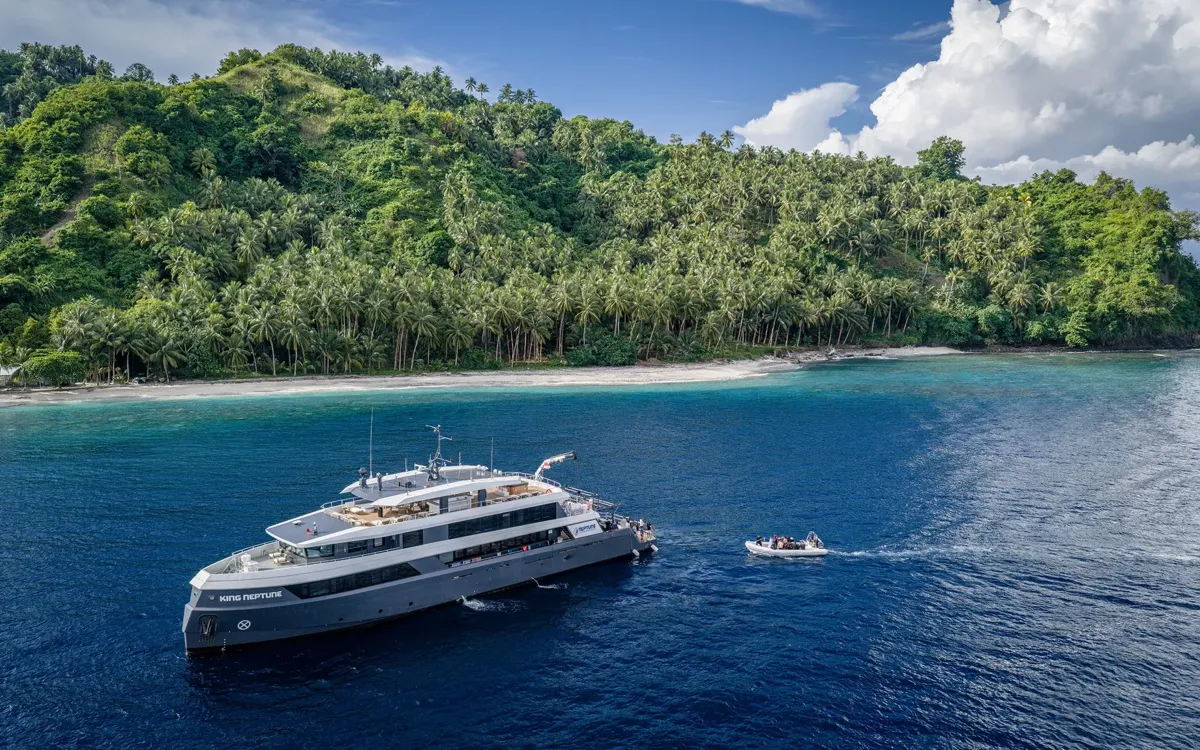 Aerial drone view of King Neptune liveaboard at sea